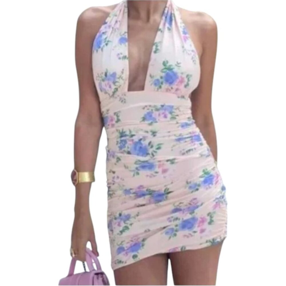 Zara pastel pink floral flower ruched halter top bodycon mini dress Sz XS